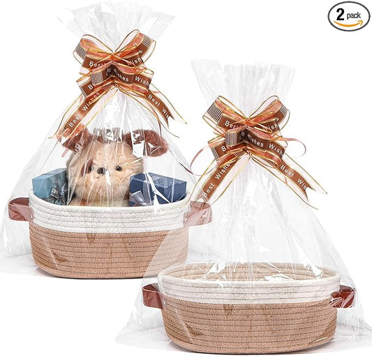 CHEPULA 2 Pack Woven Basket with Gift Bags and Ribbons, Gift Basket Empty for Organizer Baby Shower, Holiday Presents, Wedding (Khaki-White)