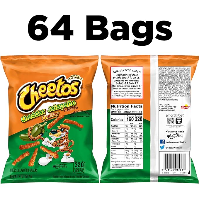 Cheetos Cheese Flavored Snacks, Cheddar Jalapeno Crunchy, 2 Ounce (Pack of 64)