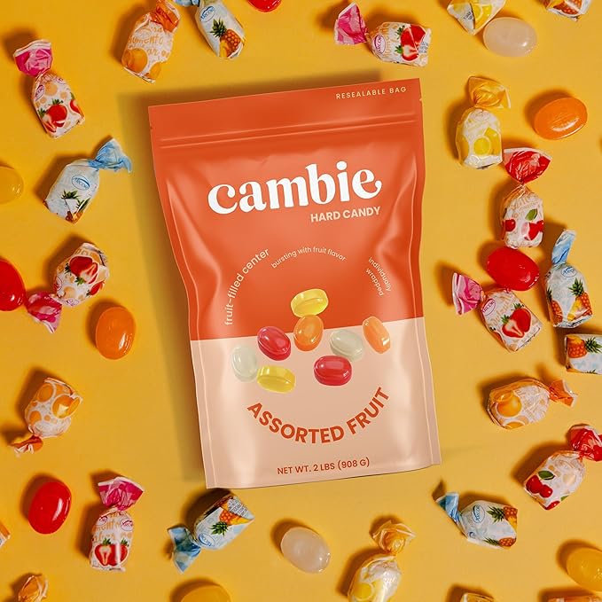 Assorted Fruit Hard Candy Individually Wrapped by Cambie, 2 lbs of Fruit Candy with a Deliciously Sweet Hard Exterior with a Soft, Decadent Filled Center
