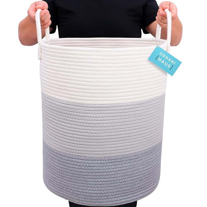 OrganiHaus Gray Nursery Laundry Basket 15x18, Farmhouse Hamper Basket, Extra Large Storage Basket, Blanket Basket for Living Room, Baby Laundry Hamper, Toy Basket for Kids