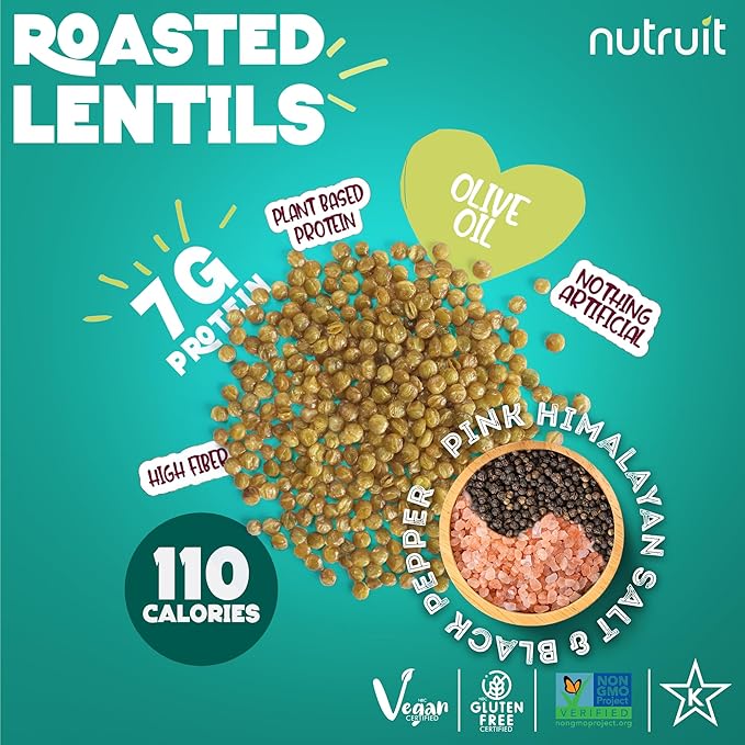 Nutruit Roasted Lentil Snack - Himalayan Salt & Black Pepper Healthy - Vegan, Gluten Free, Non-GMO, High Protein, Healthy On-The-Go, Low Calorie Lentils - 1.2oz Packs (20-Pack)