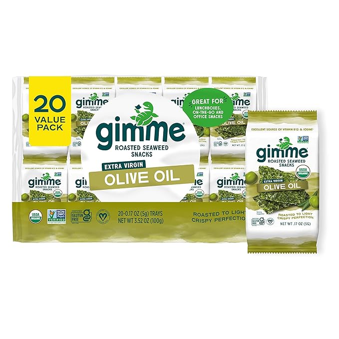 Gimme Seaweed Organic Premium Roasted Seaweed Snacks, Extra Virgin Olive Oil, 20 Count, Keto, Vegan, Gluten-Free, Great Source of Omega3s and Iodine, Healthy On-The-Go Snack for Kids and Adults