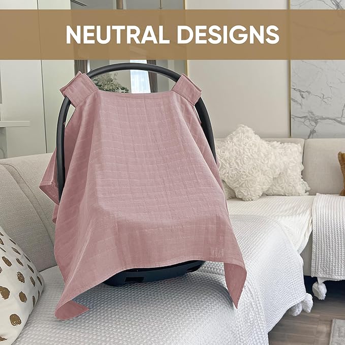 MOZAH 100% Organic Muslin Baby Car Seat Cover Muslin Carseat Canopy Baby Car Seat Covers for Girls (Pale Mauve)