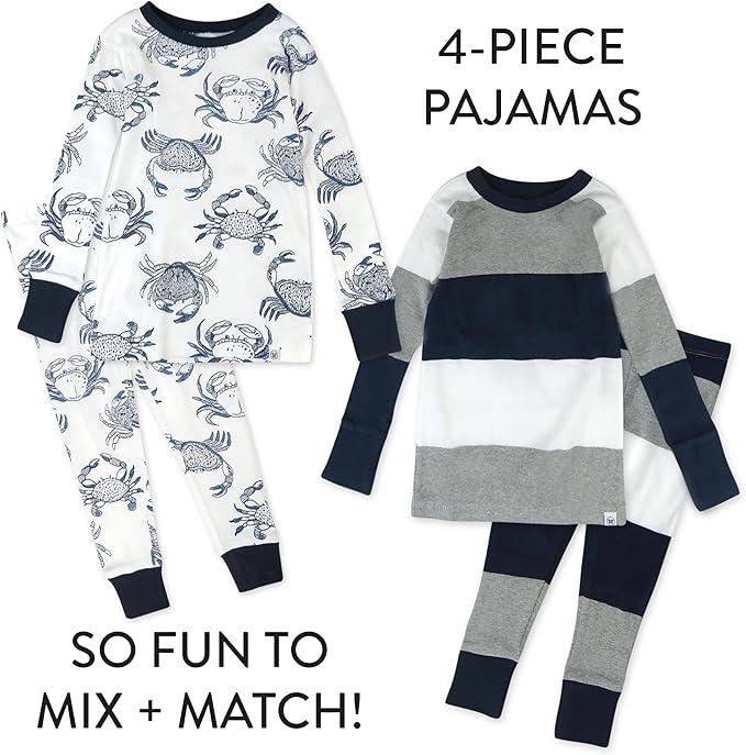 HonestBaby 4 Piece Pajamas Sleepwear Pjs 100% Organic Cotton for Infant Baby and Toddler Boys, Girls, Unisex