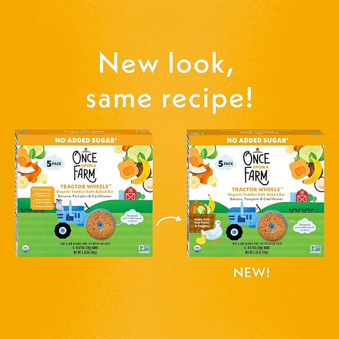 Once Upon A Farm Banana, Pumpkin & Cauliflower Soft Baked Bar Snack, for Toddler, Tractor Wheels, No Added Sugar, Non GMO, 3.35 Ounces (Pack Of 8)