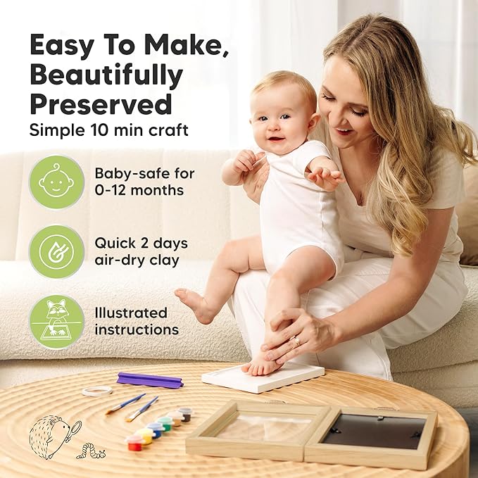 Personalized Baby Hand and Footprint Kit, Quick Dry Clay - Newborn Keepsake Feet and Handprint Kit, Nursery Picture Frame,New Mom Gifts for Baby Showers & Registry(Ash Wood)