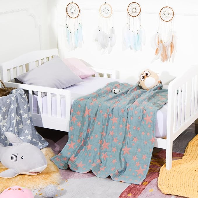 NTBAY 3 Layer Toddler Blanket, Muslin Cotton Jacquard Bed Blankets, Lightweight Thermal Baby Blanket, Super Soft and Warm Crib Blanket for All Seasons, Decoration Gift, 45"x60", Red and Blue Star