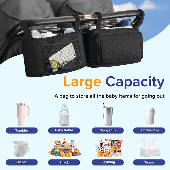 Double Stroller Caddy Organizer with 2 Insulated Cup Holder, Parent Console Fits for BOB Duallie, Jeep, Baby Jogger City Mini GT2 and UPPAbaby, Double Jogging Stroller Accessories