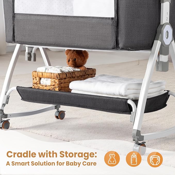 JOYMOR 3 in 1 Baby Bassinet, Bedside Bassinet for Baby, with Comfy Mattress and Wheels, 6 Height Adjustable Easy Folding Portable Bedside Crib for Newborn (Black)