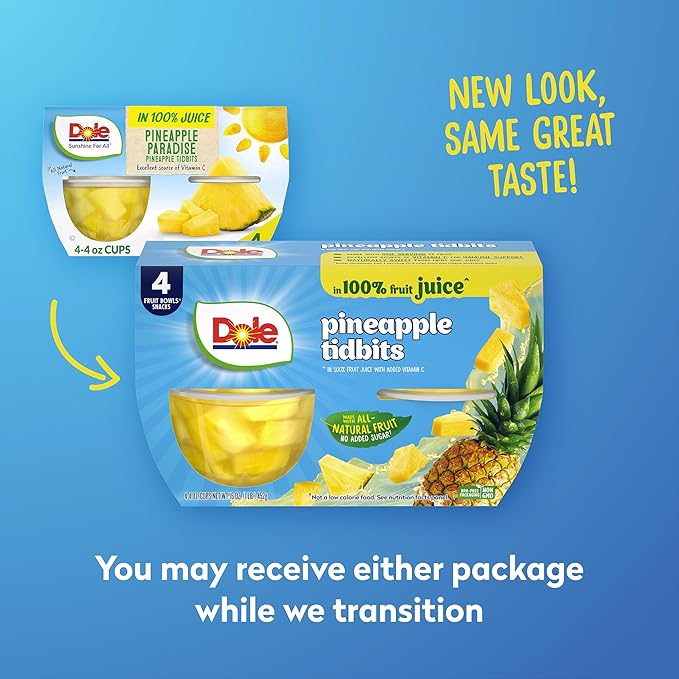 Dole Fruit Bowls Pineapple Tidbits in 100% Juice Snacks, 4oz 24 Total Cups, Gluten & Dairy Free, Bulk Lunch Snacks for Kids & Adults
