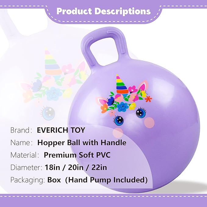 EVERICH TOY Hopper Ball, Unicorn Hopping Toys for Kids, 20 Inch Bouncy Ball with Handle, Purple Inflatable Bouncing Hoppity Hop Toys for Boys and Girls Gifts