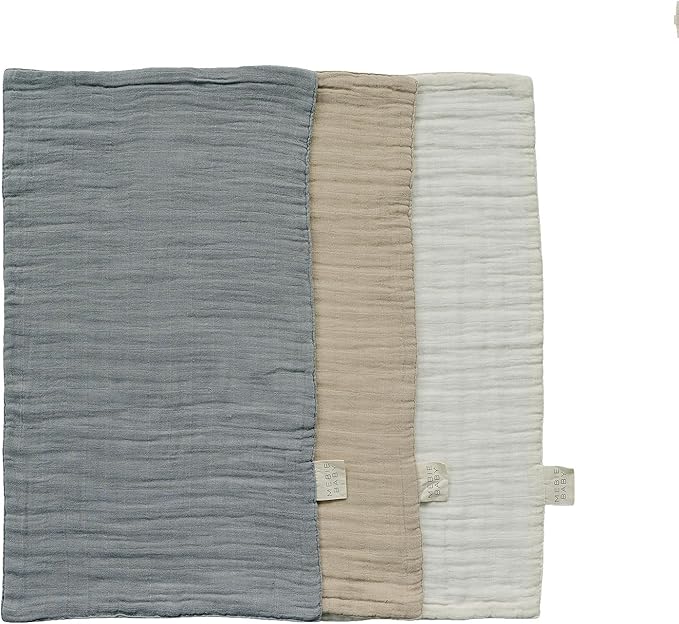 Mebie Baby Burp Cloths, Dusty Blue Print 3-Pack, Muslin Burp Cloth Set for Spit Up, Drool, and More, Boho Burp Cloths for Baby Boy and Girl, Baby Must Haves for Registry Lists and Gifts for Newborns