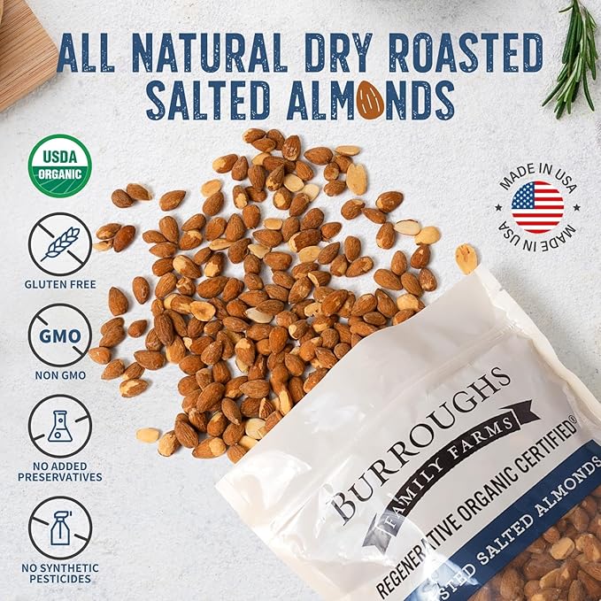 Burroughs Family Farms 3 lb Roasted Salted Almonds – USDA Organic, First Regenerative Organic Certified Almond Farm – 2x the Antioxidants and Vitamin B Versus Other Almonds – Lightly Salted & Perfectly Dry Roasted Almond Nuts