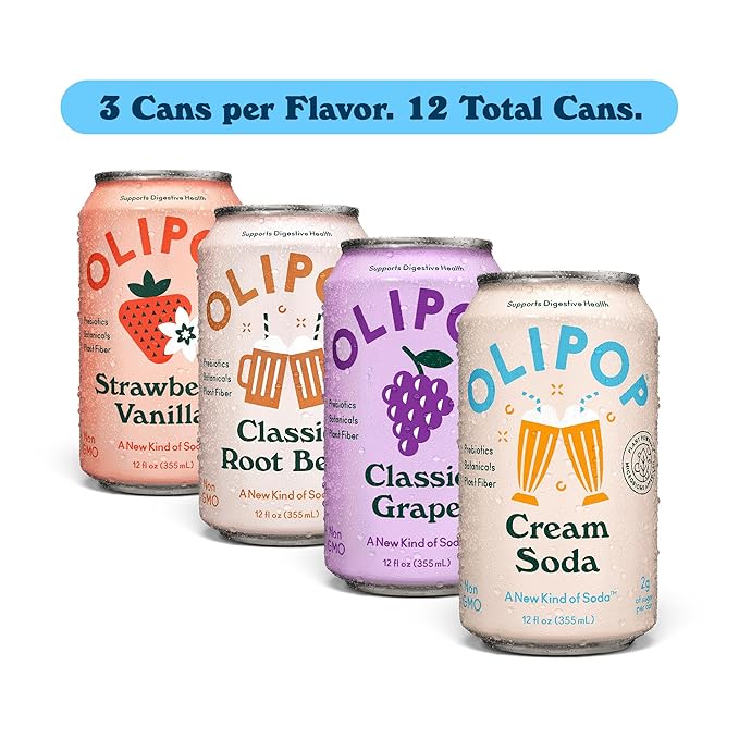 OLIPOP Prebiotic Soda Pop, Favorites Variety, Pantry Pack Packed with Prebiotics, Fiber, and Botanicals, Gluten Free, Vegan, GMO Free, 12oz (12-Cans)