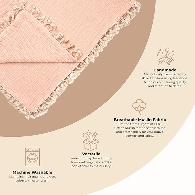 Crane Baby Muslin Swaddle Blanket, Soft Cotton Lightweight Nursery and Stroller Blanket for Baby Boys & Girls, Desert Rose, 30" x 40"