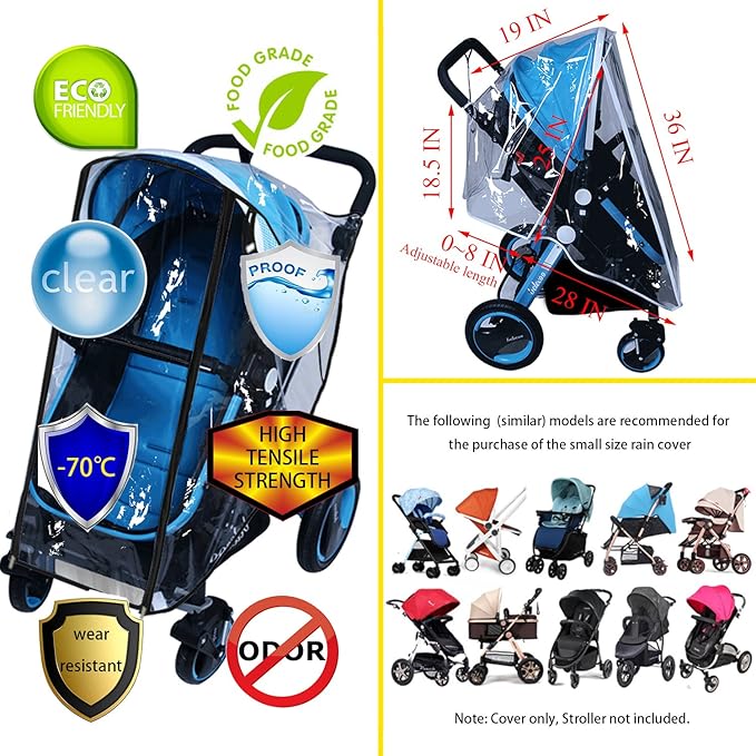 Baby Stroller Rain Cover Umbrella Weather Shield Accessories Universal Size Protect from Rain Wind Snow Dust Water Proof Ventilate Clear Food Grade Materia EVA Plastic Zipper Black (Large)