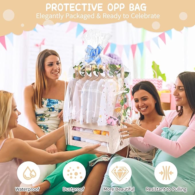 Wooden Baby Shower Crate Closet, Baby Basket with Handle Baby Storage Crate Hamper, Baby Welcome Gifts with 6 Pieces Teddy Bear Wooden Hangers, Baby Personailzed Basket for Pregnancy New Parent