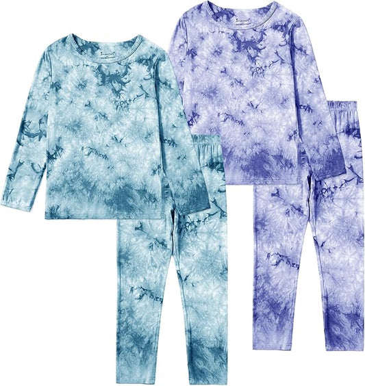 Jimonda Kids Toddler Soft Rayon From Bamboo Pajamas Long Sleeve Boys Girls Sleepwear Outdoor 4pcs Set Tops&Pants Tie Dye Pj