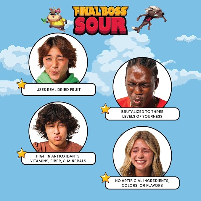 Final Boss Sour Candy, Sour Cranberries, 10 Pack, Level 1, Fruit Chews with Real Dried Fruit, No Artificial Colors or Flavors, Low Calorie Snack for Kids, Teens, Adults, Lunch Boxes & On The Go