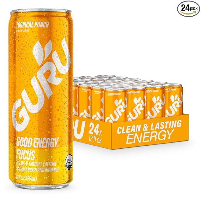 GURU Tropical Punch Organic Energy Drinks, Clean Energy Drink with Plant Based Natural Caffeine from Green Tea + L Theanine, Gluten Free and Vegan, 140MG Caffeine, Healthy Drinks, 12oz (Pack of 24)