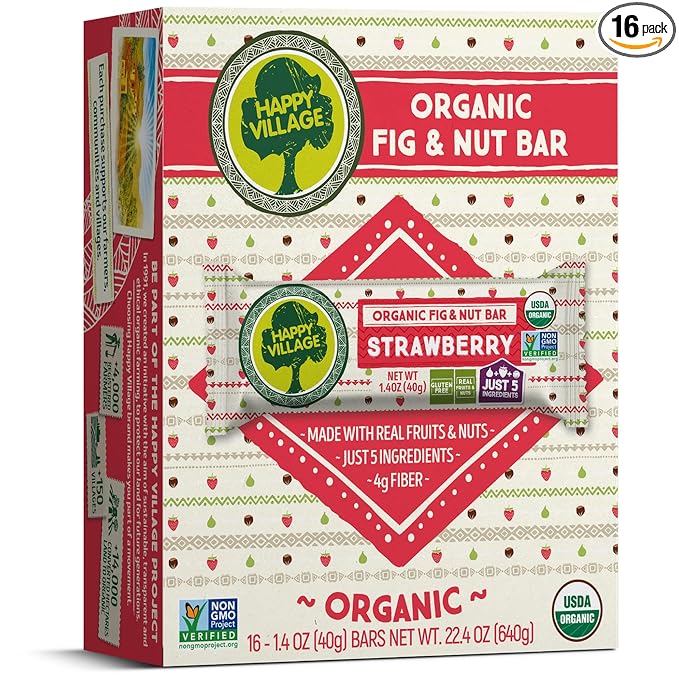Happy Village Organic Fruit & Nut Bars, STRAWBERRY | Gluten Free, No Refined Sugar, Kosher, Non-GMO, Vegan, Good Source of Fiber | Organic Healthy Snack Bars (16 bars, 1.4 OZ each)