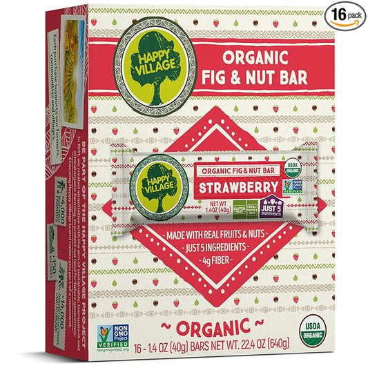 Happy Village Organic Fruit & Nut Bars, STRAWBERRY | Gluten Free, No Refined Sugar, Kosher, Non-GMO, Vegan, Good Source of Fiber | Organic Healthy Snack Bars (16 bars, 1.4 OZ each)