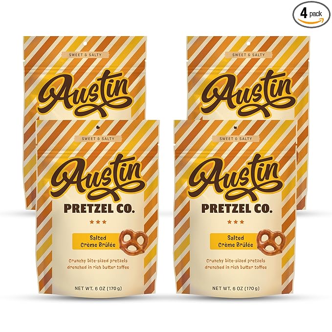 Salted Crème Brûlée Pretzels – 6 Oz Sweet & Salty Toffee Bite-Sized Snacks Packed with Rich Custard Flavor & Caramelized Toffee Coating – Crunchy, Snacky, Perfect for Anytime Snacking (Pack of 4)