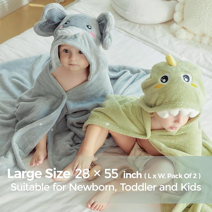 Momcozy Hooded Baby Towels-Visualize Health Label - Soft & Absorbent Coral Fleece Towel for Comfort & Warm - Bath Essential or Shower Gift for Newborn, Toddler and Kids (Large 28 x 55 Inch, 2 Pack)