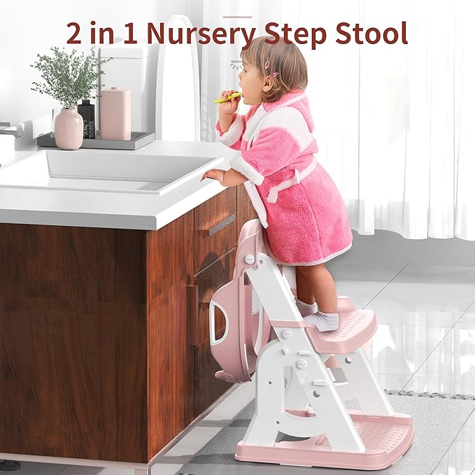 Potty Training Seat, Upgrade 2 in 1 Potty Training Toilet for Toddler, Toddler Toilet Seat for Boys Girls with Support Bar, Anti-Slip Pad and Step Stool (Pink)