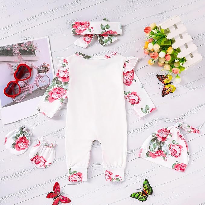 GRNSHTS Newborn Baby Girl Romper Infant Letter Print Jumpsuit Floral Bodysuit+Hat+Headband+Gloves Coming Home Clothes Outfits
