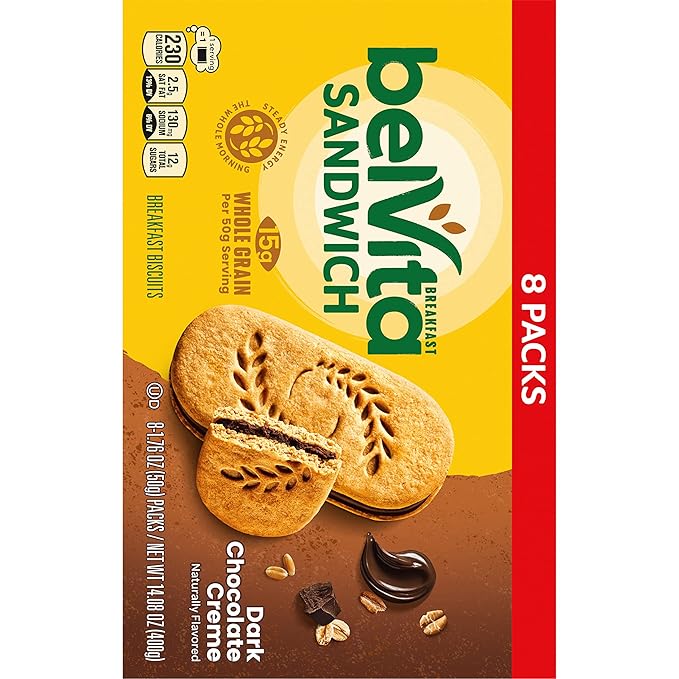 belVita Breakfast Sandwich Dark Chocolate Creme Breakfast Biscuits, 64 Total Packs, 8 Boxes (2 Sandwiches Per Pack)