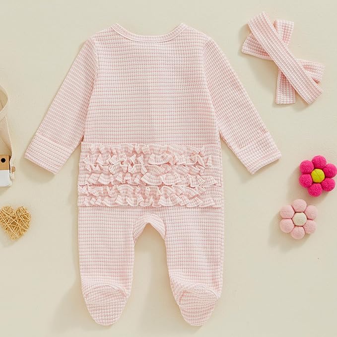 Newborn Girl Clothes Baby Girl Coming Home Outfit Zipper One-piece Outfits Ruffle Footie Bodysuit Jumpsuit Headband