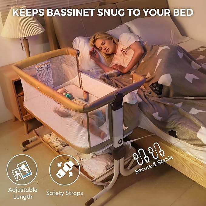 Baby Bassinet Bedside Sleeper, Upgraded Stability Bedside Crib with Full Mesh Sides, Soft Sheet, 6-Height Adjustment, Storage Basket, Easy Folding Portable Bassinet for Newborns, Oatmeal