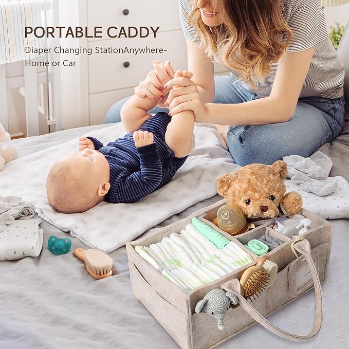 GEMII Diaper Caddy Organizer - Large Baby Caddy Organizer with Handle for Newborn Essentials Boy or Girl (Oatmeal, Large)