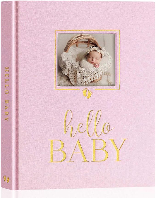 Lanpn Newborn Baby Memory Book, Baby First 5 Year Keepsake Gift with DIY Window, Linen Baby Memories Journal Scrapbook Photo Book, Baby Milestone Album for Boy Girl New Parents (Pink, 154 Pages)