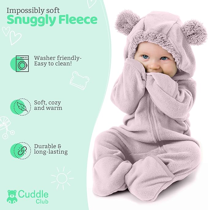 Cuddle Club Fleece Baby Bunting Bodysuit with Hood, Convertible Mittens & Booties, Car Seat Friendly, Soft & Warm, Easy Zip