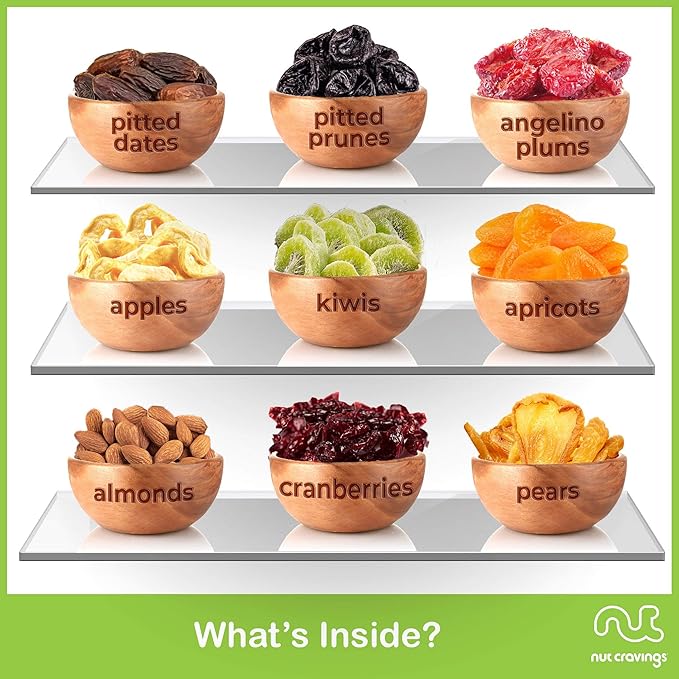 NUT CRAVINGS - Rosh Hashana & Shana Tova Dried Fruit & Mixed Nuts Gift Basket in Wooden Apple-Shaped Tray (9 Assortments) Food Arrangement, Healthy Snack Care Package, Food Assortments