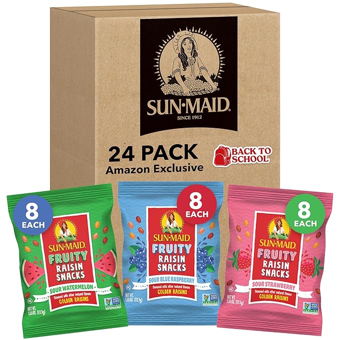 Sun-Maid Fruity Raisin Snack Variety Pack - Sour Strawberry, Watermelon & Blue Raspberry - (24 Pack) 1.33 oz Pouches - Tastes Like Sour Candy - Back To School Snacks