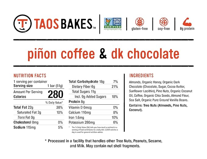 Taos Bakes - Coffee + Dark Chocolate - Breakfast Bar - 8g of Protein, 6g Fiber, & Gluten Free - Healthy Snack for Adults - Filled with PIne Nuts, Almonds, Chocolate, & Chia Seeds - 12 Pack, 1.8oz ea