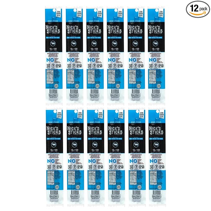 Nick's Sticks Clean & Balanced 100% Grass-Fed Beef Snack Sticks | Made in the USA | Gluten Free | Paleo, Keto, Whole30 Approved | No Soy, Antibiotics or Hormones (12 – 1.7oz. Packages of 2 Sticks)