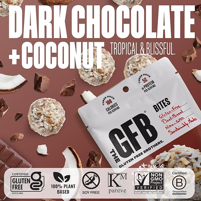 The GFB Dark Chocolate Coconut Protein Bites - Gluten Free, Plant Based, Non GMO, Sustainably Made – Ridiculously Tasty, Healthy, Vegan, Protein Energy Balls, 4 oz (6 Count)