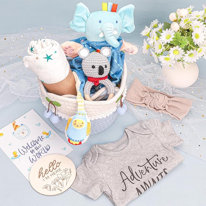 Baby Boy Gifts Basket,Baby Shower Gifts for Boys,New Born Baby Boys Gift,Gender Reveal Gifts,Unique Baby Gift Essential Stuff,Rattle Swaddle Blanket Baby Boys Gifts
