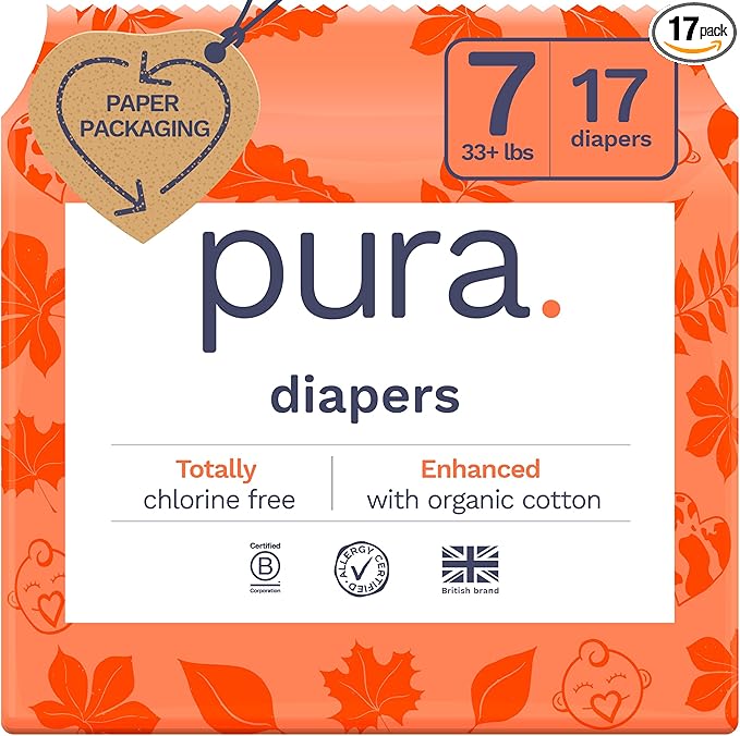 Pura Size 7 Eco-Friendly Diapers (33+lbs) Totally Chlorine Free (TCF) Hypoallergenic, Soft Organic Cotton Comfort, Sustainable, up to 12 Hours Leak Protection, Allergy UK,1 Pack of 17 Diapers