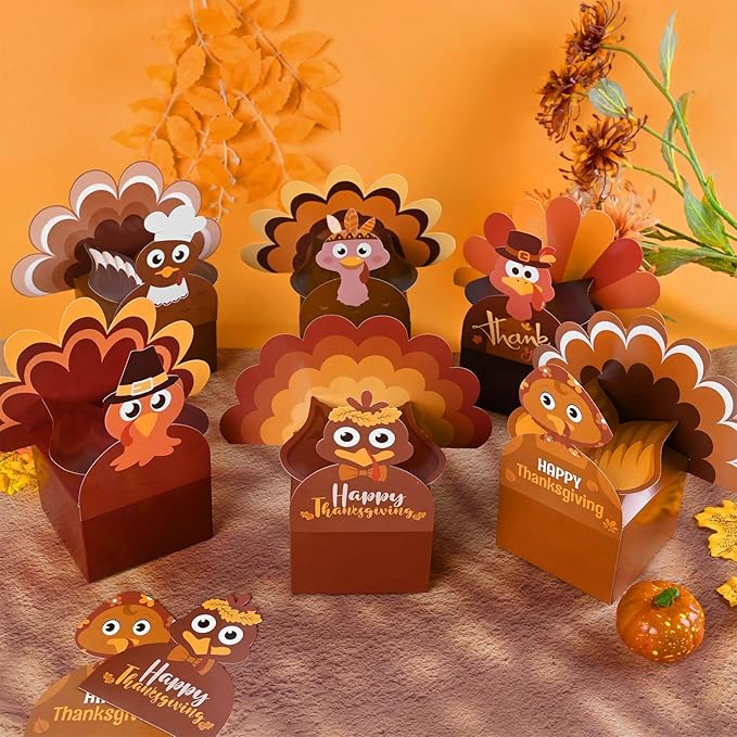 18Pcs Thanksgiving Party Favor Boxes Thankful Turkey Candy Treat Boxes, 6 Styles, Happy Thanksgiving Day Turkey Paper Gift Boxes for Fall Holidays Harvest Day Supplies