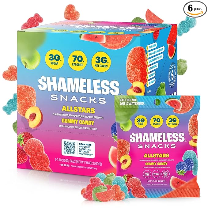 Shameless Snacks Allstars – Candy Variety Pack | Sour Gummy Candy | Healthy Vegan Snacks | Low Sugar Fruit Snack | 6-Pack, Gluten Free | Red Raspberry, Watermelon, Peach, Green Apple, Blue Raspberry