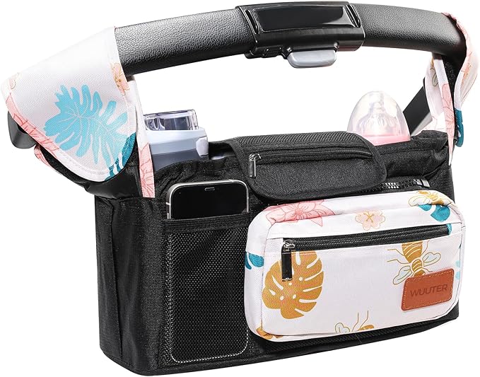 Universal Stroller Organizer with Insulated Cup Holder & Detachable Wristlet Large Capacity Baby Stroller Bag Organizer for Mom, Baby Jogger, Uppababy, Britax, BOB, Umbrella & Pet Strollers (Garden)