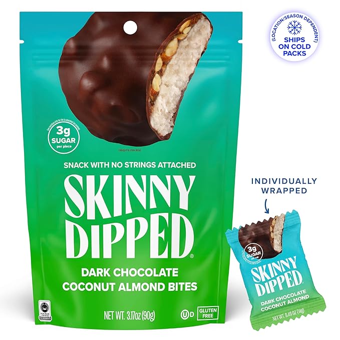 SkinnyDipped Dark Chocolate Coconut Almond Bites, Low Sugar Chocolate Coconut Bar, 3.17oz Resealable Bags, Pack of 4 (24 Bites Total)