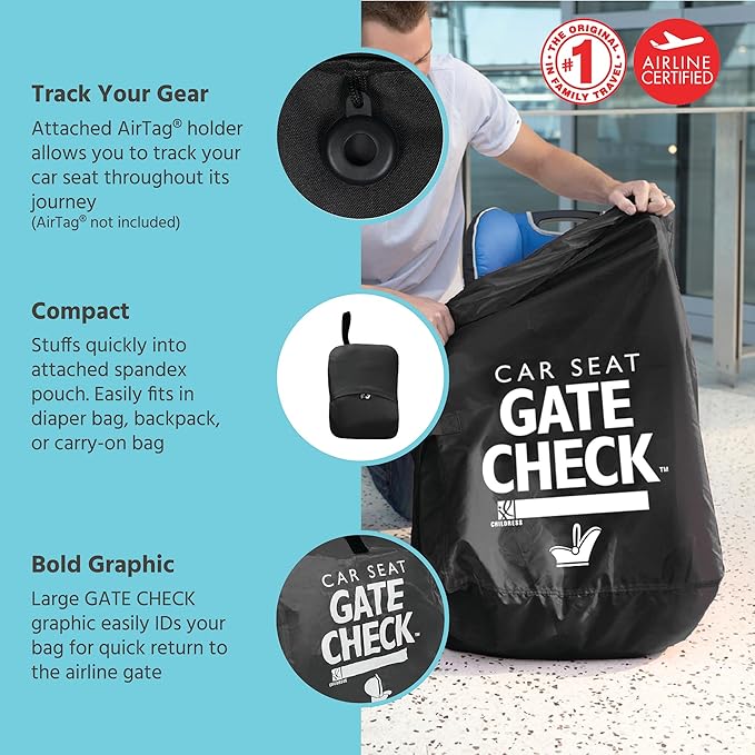 J.L. Childress Gate Check Bag for Car Seats - Travel Bag for Airplane, Fits All Baby & Infant Car Seats, Airport Accessories for Gate Check, Flying Essentials, AirTag Compatible - Black