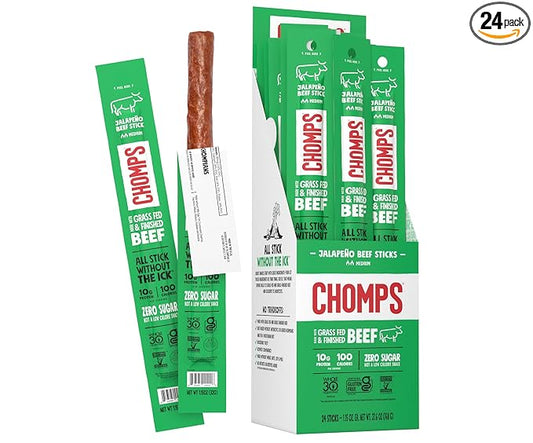 Chomps Grass-Fed and Finished Jalapeño Beef Jerky Snack Sticks 24-Pack - Keto, Paleo, Whole30, 10g Lean Meat Protein, Gluten-Free, Zero Sugar Food, Non-GMO