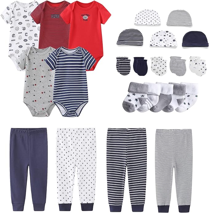 Newborn Layette Gift Set Bodysuits Pants for Baby Girl and Boy 24 Piece 100% Cotton Essentials and Accessories
